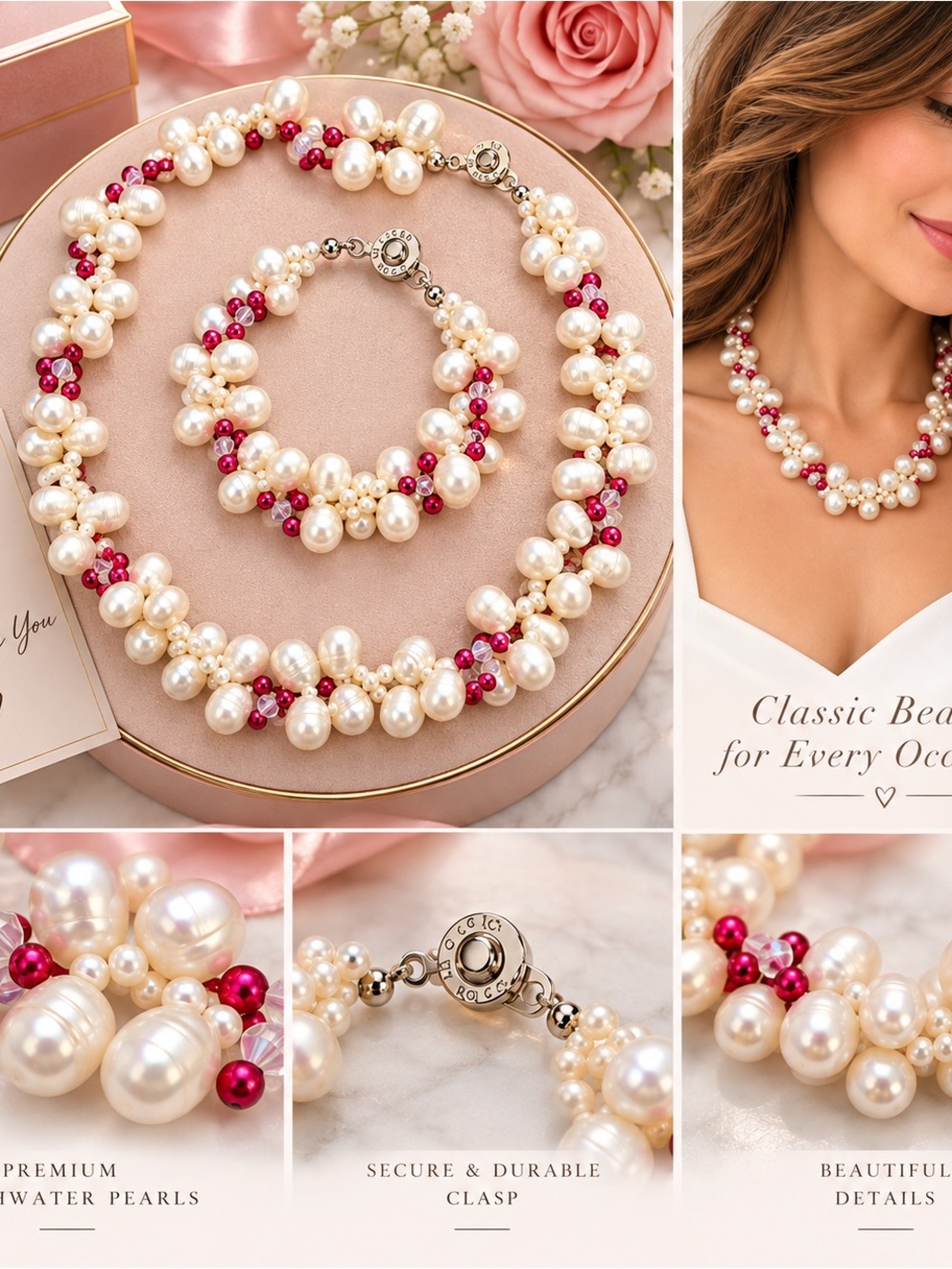 Pearl and Fuchsia Bead Necklace & Bracelet Set - Elegant Women’s Jewelry